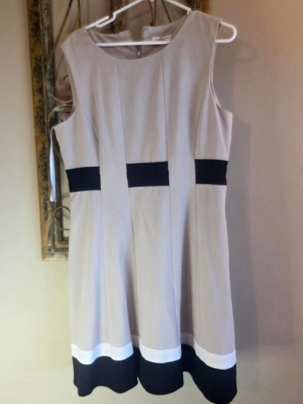 Calvin Klein Sleeveless Dress Beige Tan Black Waistband Lined Work Size 14